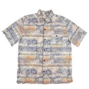 Island Republic Shirt Mens Large Blue Orange Striped Palm Tree Button‎ Up Summer